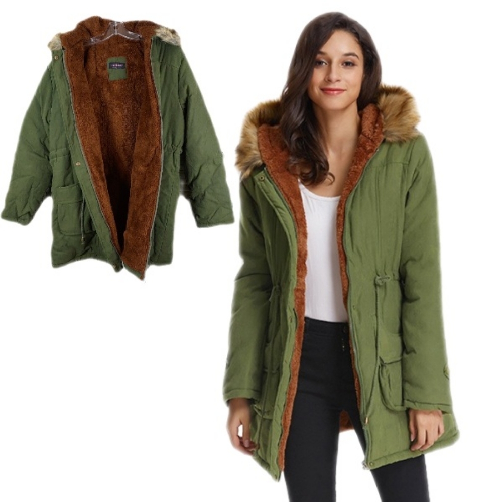 Curlbiuty Womens Dark Olive Winter Faux Fur Lining  Parka NWT Sz S